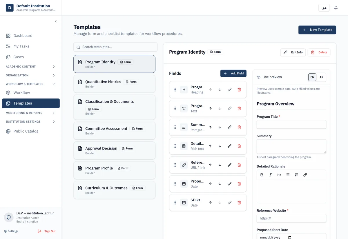 The template editor showing the field builder alongside a live form preview